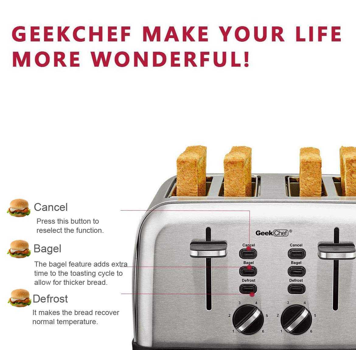 The SUP Desk Toaster 4 Slice, Geek Chef Stainless Steel Extra-Wide Slot Toaster with Dual Control Panels - Image 4
